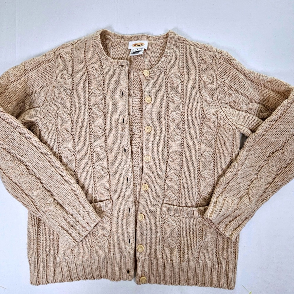 Talbots Womens Small Beige 100% Shetland Wool Cable Knit Button Front Cardigan